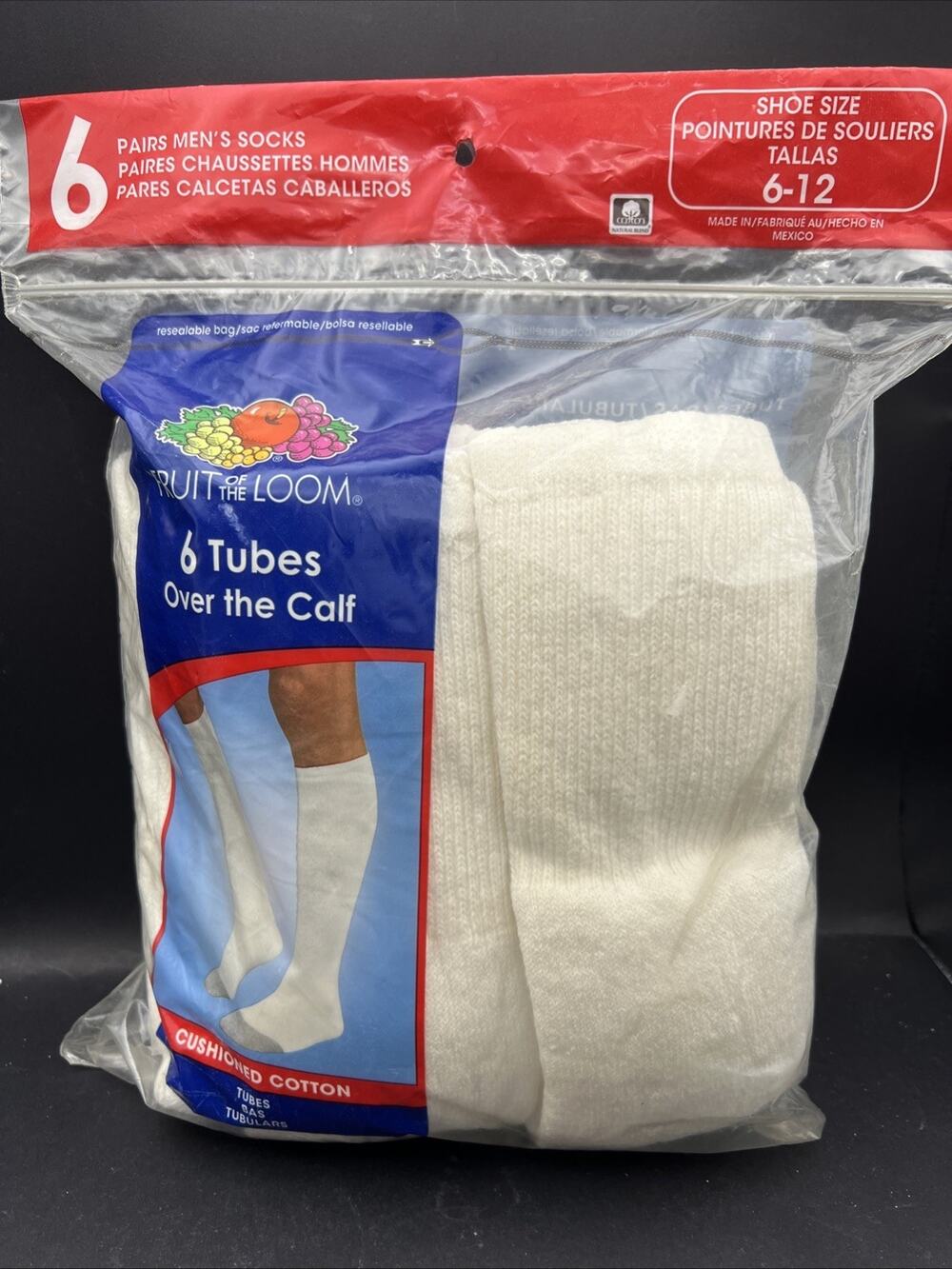 Fruit of the Loom Mens White Tube Socks Over the Calf 6 Pairs Cushioned Cotton